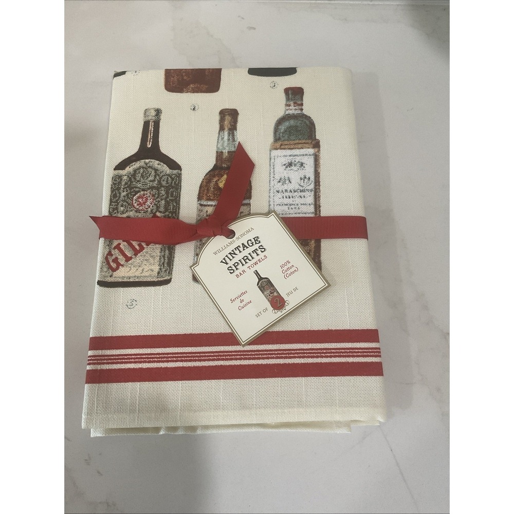 WILLIAMS SONOMA TEA TOWELS BAR VINTAGE SPIRITS SET OF TWO 100% COTTON Dish Cloth